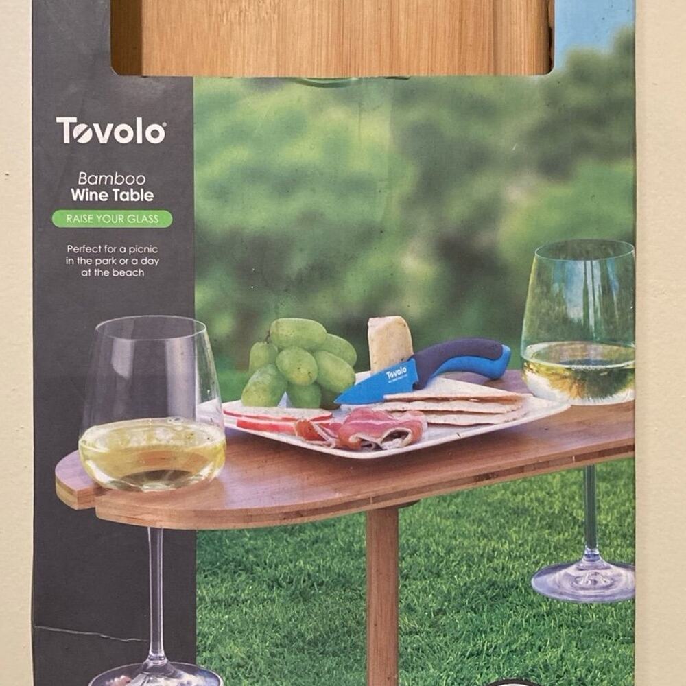Tovolo Outdoor Wine Holder Bamboo Table, Holds 2 Glasses, Collapsible, Portable - Picture 1 of 4